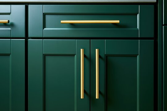 Dark green raised panel kitchen cabinet doors with polished brass t-bar rail handles. Elegant transition mdf furniture facade system close-up for custom architectural millwork and cupboard design.