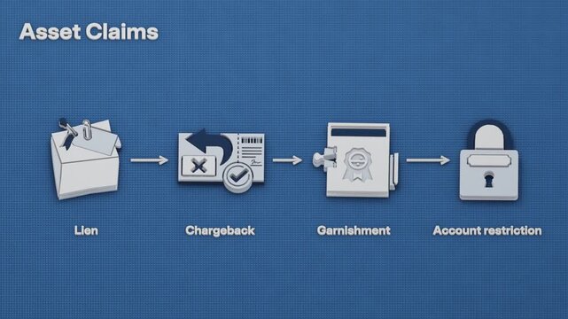A lien encumbers the deed, a chargeback reverses payment, and garnishment reaches account funds in a sequence of asset claims. Flat 3D style.