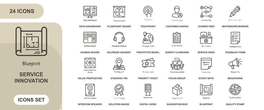 Service innovation icon set featuring 24 black line symbols for business, management, and customer experience processes on a light background