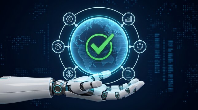 Robot hand holding globe with digital icons and checkmark