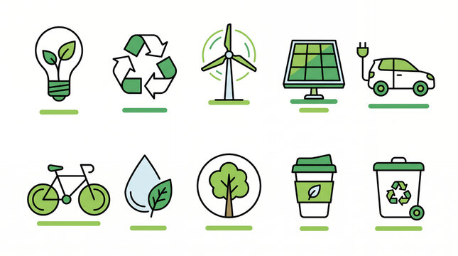 Eco friendly line icons set green sustainable development symbols for environmental design.