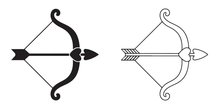 Black bow and arrow illustration with a striking silhouette and Bow and Archery Weapon Symbols in Black and White