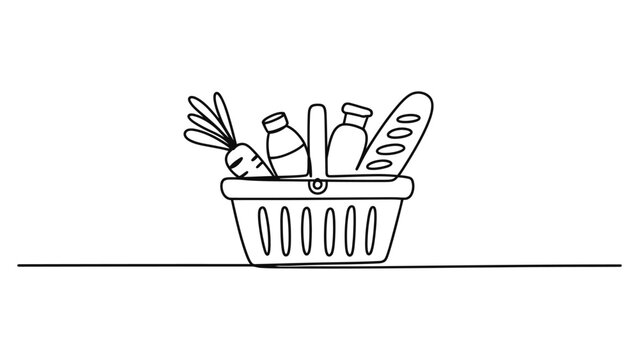 Simple line drawing of a shopping basket filled with fresh groceries including carrots bread and milk bottles Vector, illustration