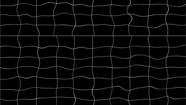 Distorted grid pattern with wavy white lines on a solid black background, abstract geometric texture for digital compositions