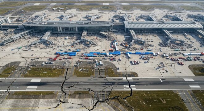Extensive damage to a modern airport complex after an earthquake, showing large cracks and ongoing reconstruction efforts from an aerial perspective.