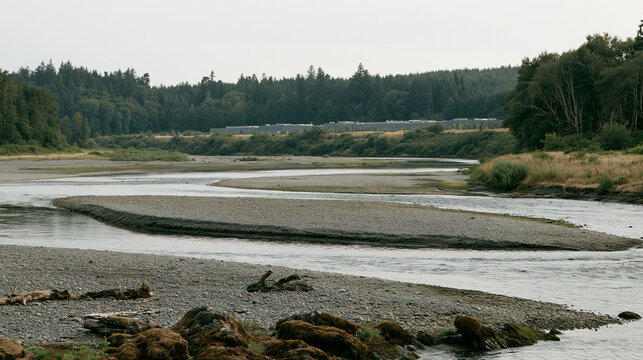 Industrial campus beyond a severely depleted braided river