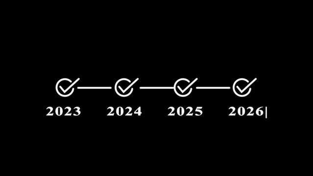 Four year timeline with check marks in circles and years 2023 2024 2025 2026 in white on a solid black background, business planning