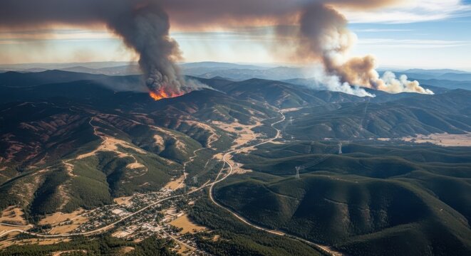 Extreme wildfire disaster devastates mountainous landscape with raging inferno and thick smoke plumes viewed from above.