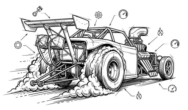 Black and white sketch of a drag racing car performing a burnout with mechanical icons and gauges