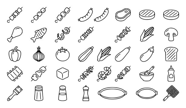 Set of hand drawn barbecue and grill food icons featuring meat vegetables skewers and cooking tools