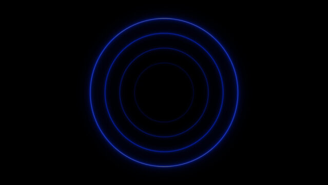Glowing blue neon concentric circular rings pulsating on a dark black background, for digital motion, and visual effects usage