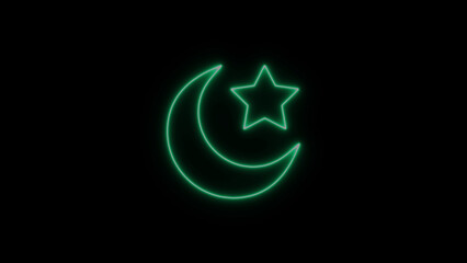 Glowing green neon crescent moon and star isolated on a black background, religious symbol for islam and night time representation © Mst