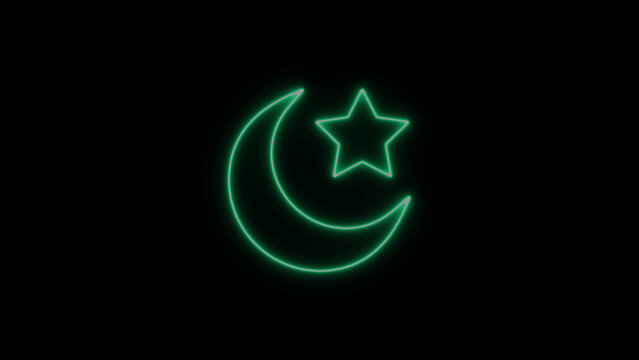 Glowing green neon crescent moon and star isolated on a black background, religious symbol for islam and night time representation