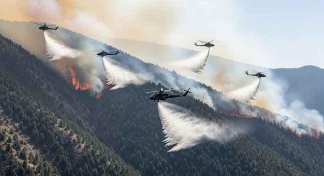 Heavy-lift helicopters combat wildfire, dropping water on intense forest blaze from the air.