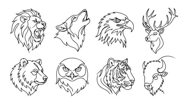 Wild Animal Head Collection Line Art Vector Illustration Set