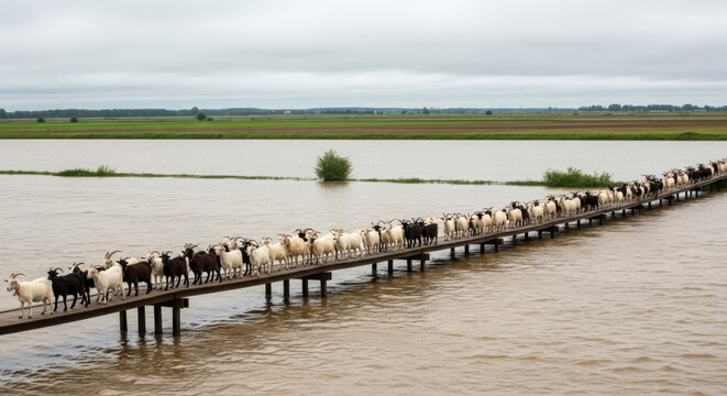 Large herd of goats crossing a narrow wooden bridge over a body of water during a relocation effort
