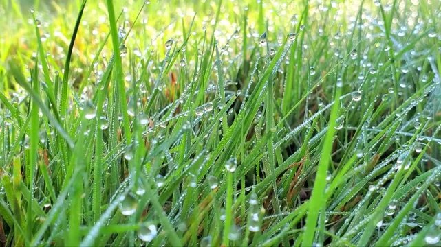 Dew drops on green grass in the morning with sunshine. Drops of water on the green leaves