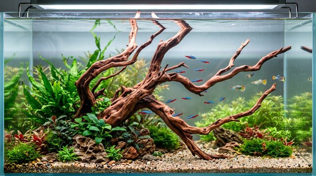 Aquarium driftwood manzanita, Freshwater aquarium with driftwood and tropical fish in a planted tank  