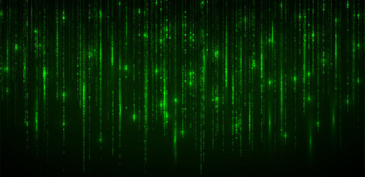 Binary code rain bg, matrix digital stream technology background, futuristic cyber security texture. Vector green data flow with programming numbers, hacker screen, virtual network and dark pattern