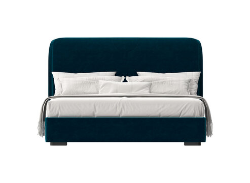 Modern teal velvet upholstered bed with white linens and pillows