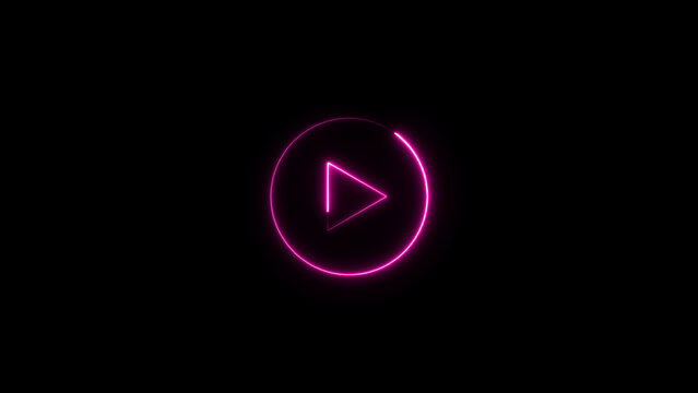 Glowing pink neon play button isolated on a black background, digital media symbol for playback and streaming interface
