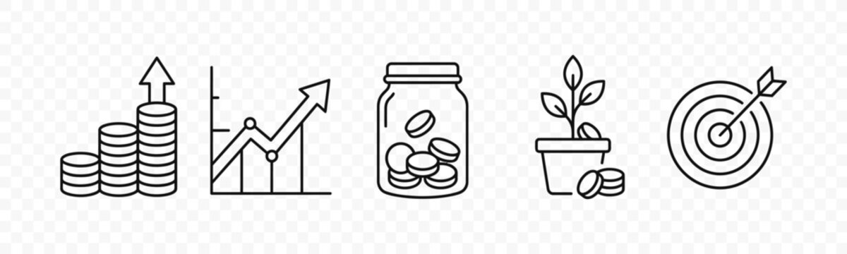 flat vector illustration line art icon bundle set design focused on personal savings growth coin stacks savings jars plant seedlings and target arrows