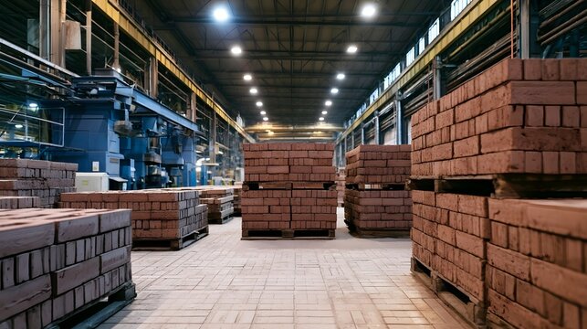 Rows of red bricks stacked on pallets inside a large industrial brick manufacturing plant with high ceilings and bright overhead lighting