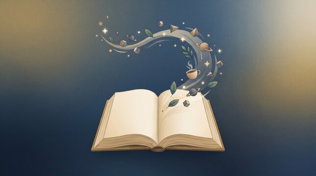 Open book releasing miniature universe of imagination and knowledge concept