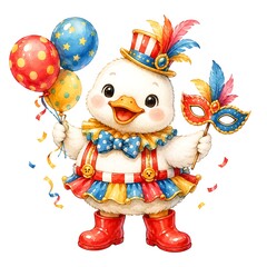 Fototapeta premium Adorable circus clown duck character waving hand, cute animal illustration