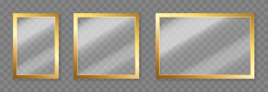 Set of luxury gold frames with glass inside. Glass with gold frames in different shapes and sizes PNG. Glass with reflective and shiny effect.