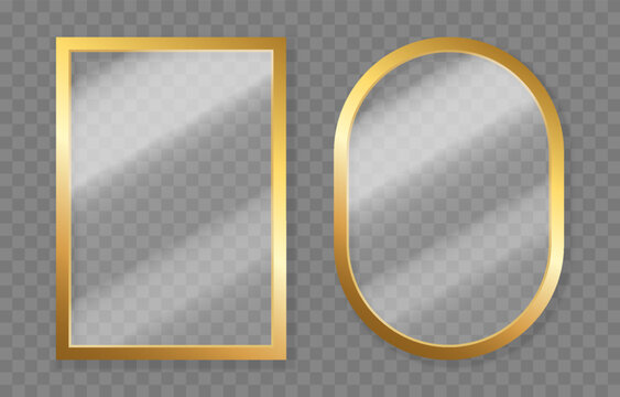 Set of luxury gold frames with glass inside. Glass with gold frames in different shapes and sizes PNG. Glass with reflective and shiny effect.
