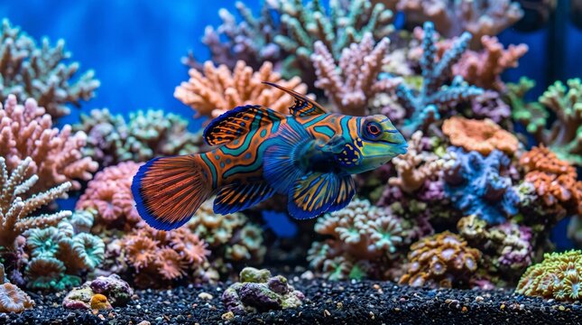 Saltwater tank mandarin fish, Mandarinfish swimming among colorful corals in a saltwater aquarium  