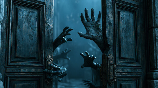 Spooky monster hands reaching out from behind dark wooden doors with creature darkness supernatural reaching halloween nightmare thriller sinister menacing