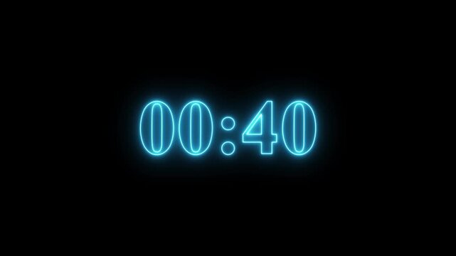 Neon blue digital countdown timer clock animation on black background, for broadcast and, streaming glowing