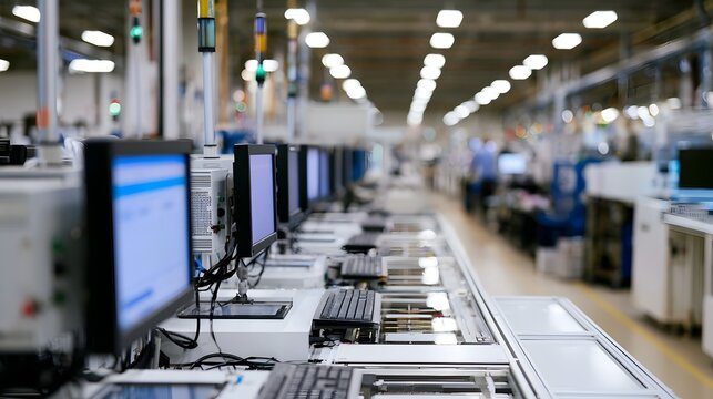 Modern factory assembly line with computer workstations and conveyor systems in a brightly lit industrial setting