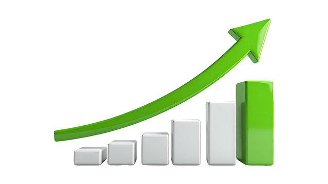 Green rising arrow with 3D bar graph, financial growth chart on white background, business success and profit increase concept