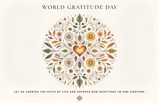 World Gratitude Day decorative floral heart design with inspirational message celebrating appreciation, thankfulness, and cherishing life together generated ai