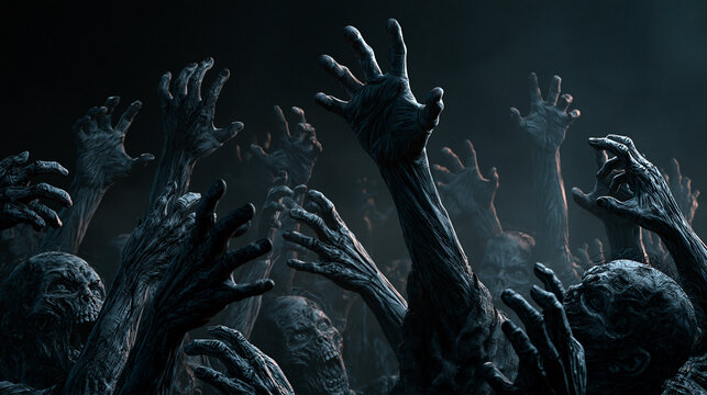 Crowd of undead zombie hands reaching up into the darkness with reaching nightmare halloween darkness apocalypse supernatural thriller sinister frightening