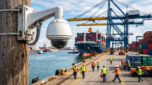 Harbor security camera, Security camera overlooking workers on a busy shipping port with containers
