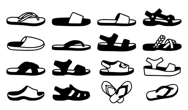 Minimal summer beach slippers flip flops and sandals vector icon set