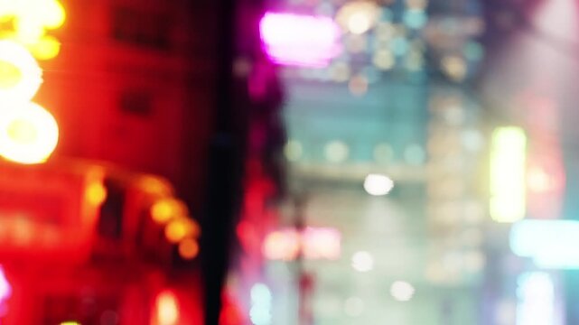 A bustling city is alive with neon lights and vibrant colors during the nighttime. The bright signs create a lively atmosphere that captures the essence of urban excitement and energy.