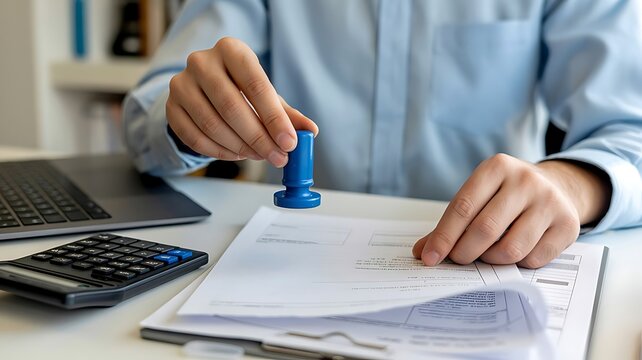 Businessman stamping a contract or document at his desk in an office with a calculator and laptop