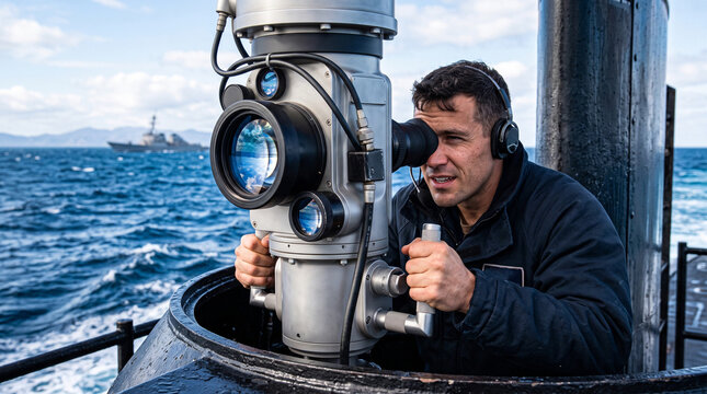 Submarine periscope lens, Navy man using periscope in submarine at sea during daytime  