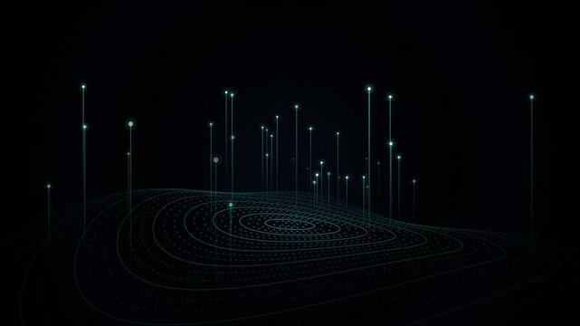 Digital data landscape with floating light nodes over circular topography background.
