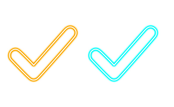 Neon glowing check mark icons in orange and blue isolated on transparent background