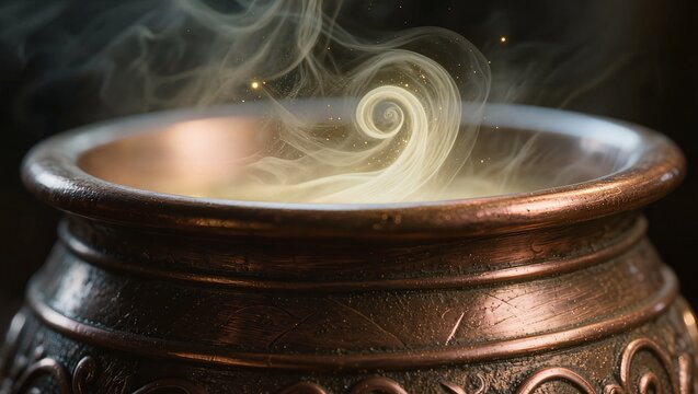 Copper Cauldron with Swirling Steam in Dark Environment