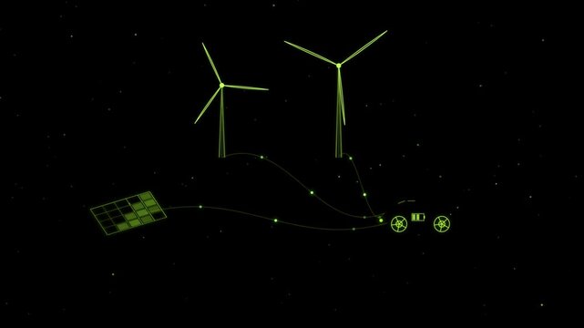 Electric vehicle charging via renewable energy sources on digital green grid background.