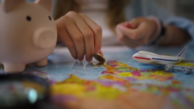 Close-up of a person's hands stacking coins on a world map, illustrating the concept of saving money and budgeting for a future trip, with a piggy bank and toy plane nearby