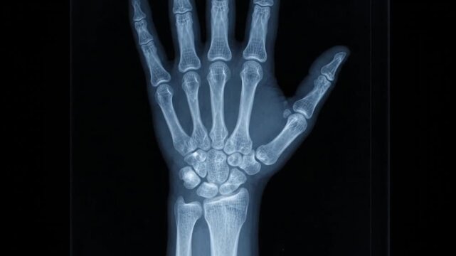 Close up X ray of a human hand and wrist showing bones joints and a small calcification
