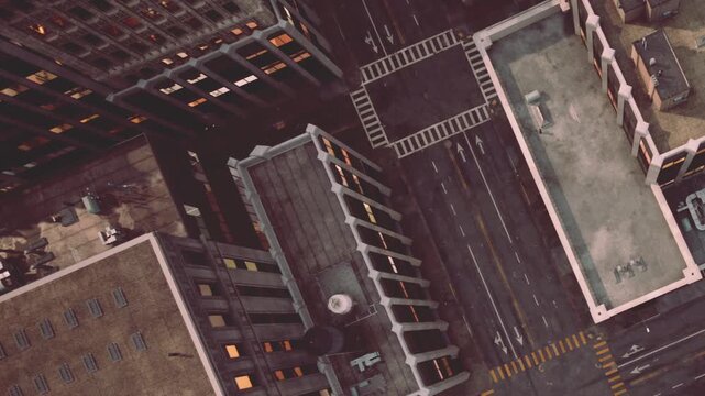 A birds eye view of city streets showcases an intricate network of buildings and vehicles, highlighting the vibrant chaos of urban living during the afternoon. Shadows stretch across the roads.